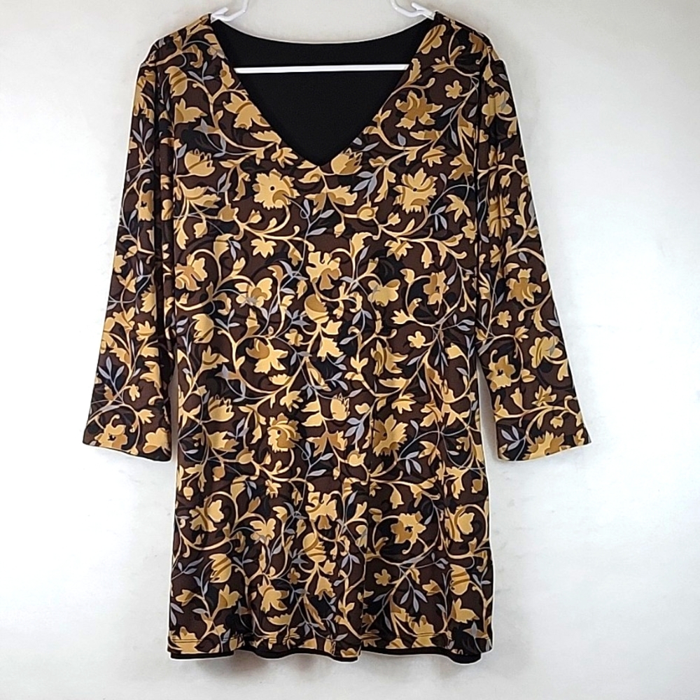 2 Tops in 1 Reversable QVC Floral Brown Tan Gray Tunic Size M